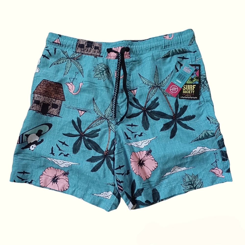 Surf Society Swimtrunks  panda surf print blue background  size M mens  NWT